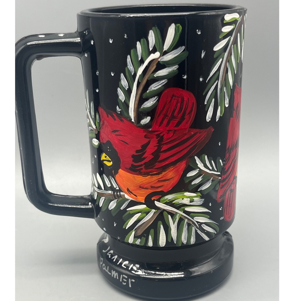 Signed Janice Palmer Cardinal‎ Bird Hand Painted Black Ceramic Coffee Mug